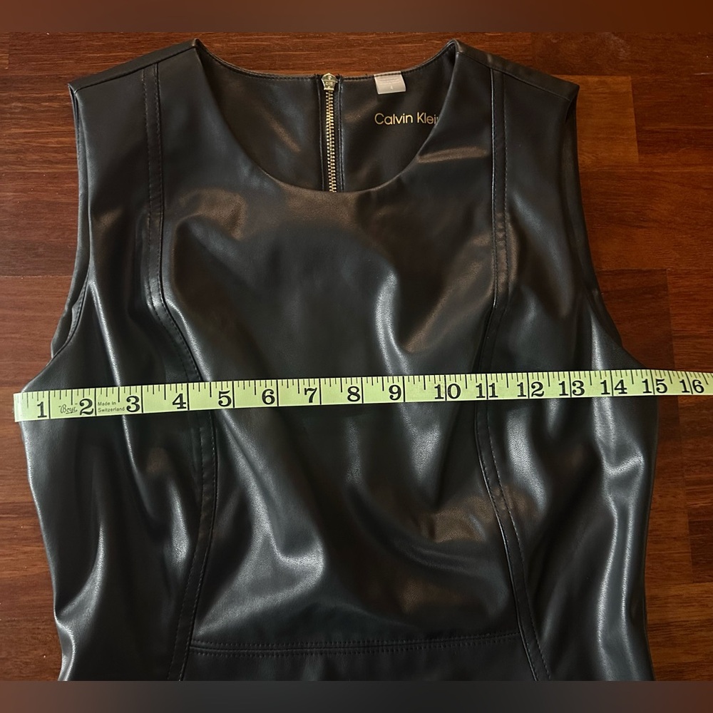 CALVIN KLEIN Size 4 Black Sleeveless Faux Leather Gold Zipper Midi Dress - Picture 7 of 8